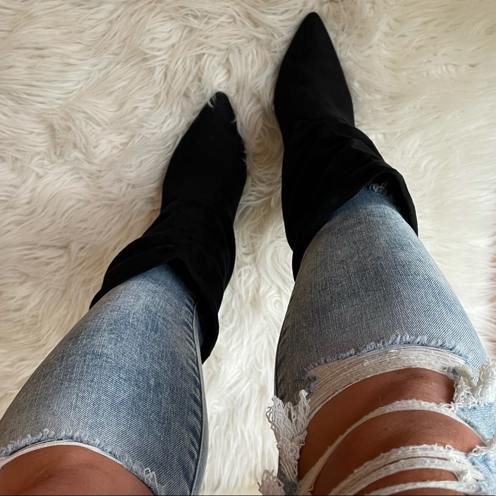 Black Slouchy Pointed Toe Faux Suede Boots - Picture 13 of 15
